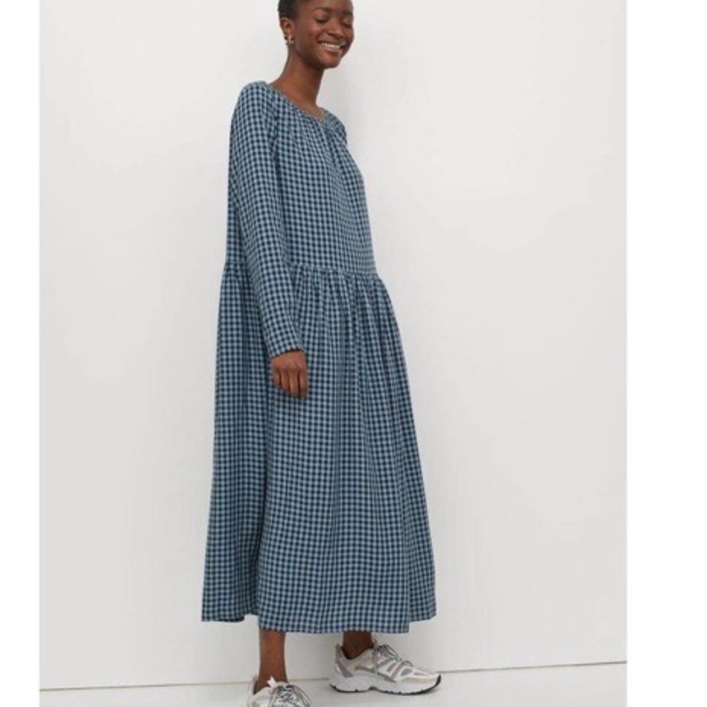 H&M Blue Gingham Long Sleeve Maxi Dress